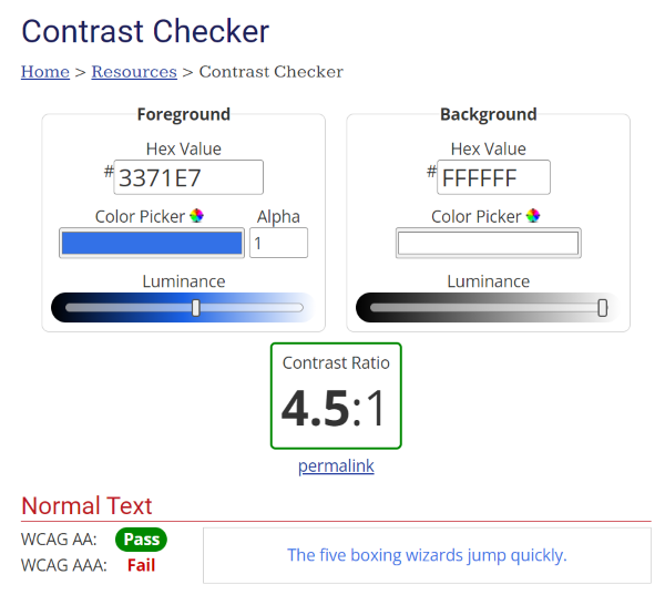 Color contrast between blue (#3371E7) and white (#FFFFFF)